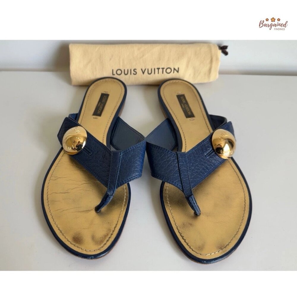 Authentic Louis Vuitton Navy Leather Chaussures Slides Thong Sandals 38.5/8.5 - Picture 11 of 13